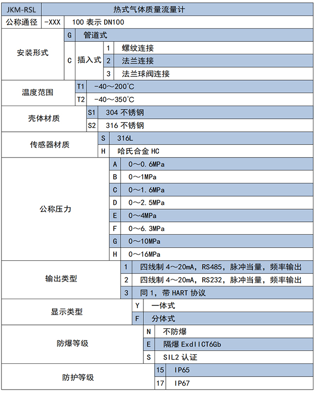 不銹鋼熱式氣體質(zhì)量流量計選項表